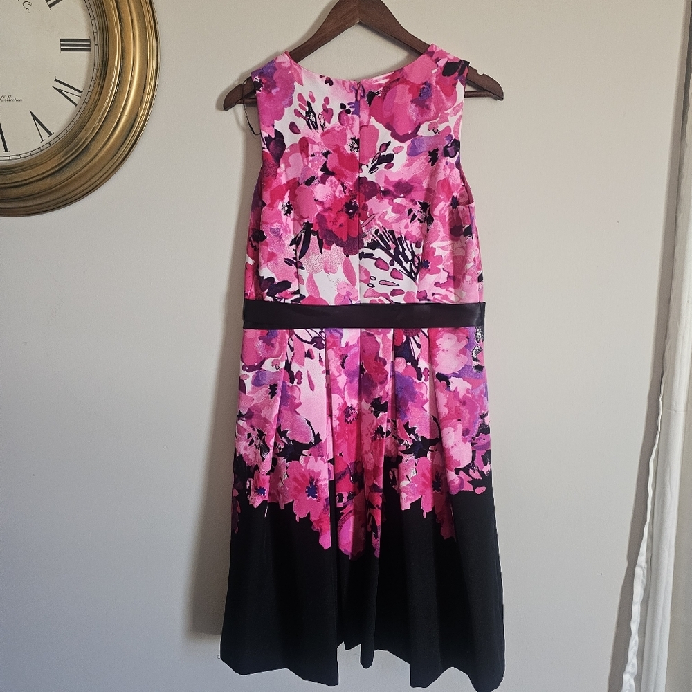 Chetta B‎ Pink Black Floral KneeLength Pleated Midi Dress Y2K Barbiecore Size 10 - Picture 2 of 13